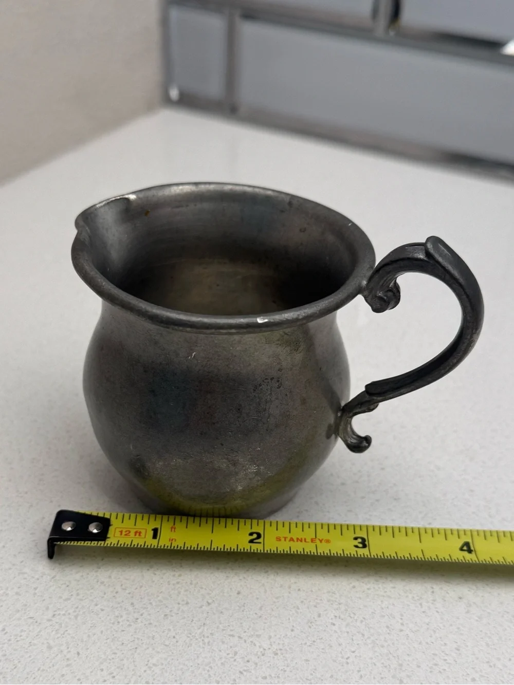 Vintage Pewter Creamer Pitcher Colonial Style Scroll Handle